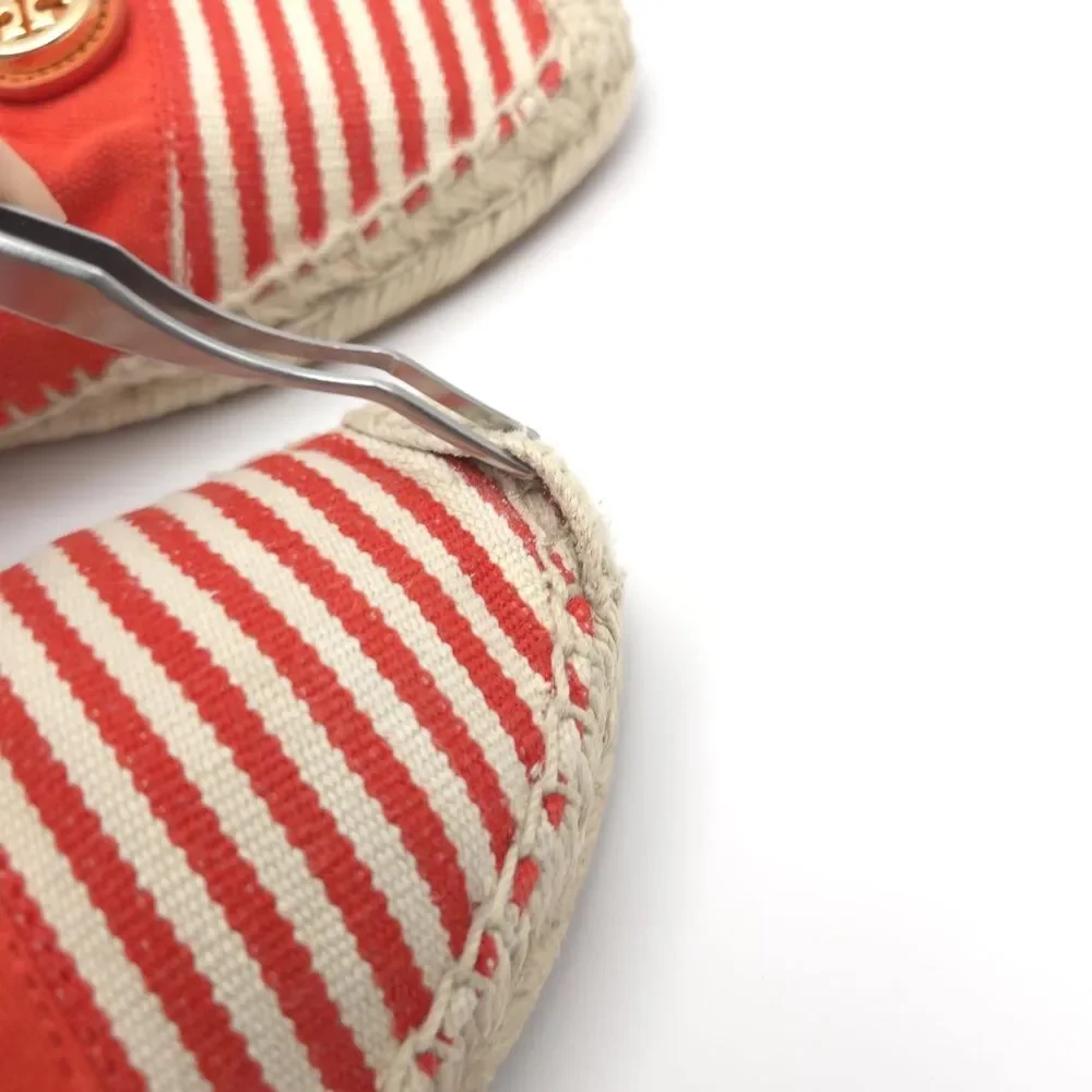 Tory Burch Striped Canvas Espadrilles Red Cream Logo‎ Round Toe Flat Shoes 8